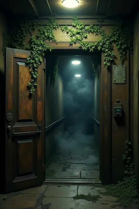 An old elevator in a dark environment, old elevator doors sliding to the sides, a smoky ceiling glowing with dim light, old integrated buttons, vines covering the walls of the elevator and darkness  corridor Color is brown and green