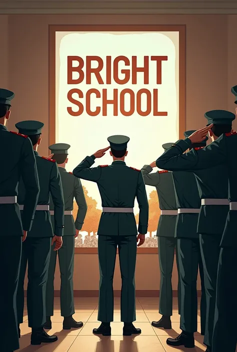 Army is saluting to a play card poster. Which poster has Written "  BRIGHT SCHOOL" 
Dont show any girl. you can show me Men or little ren 