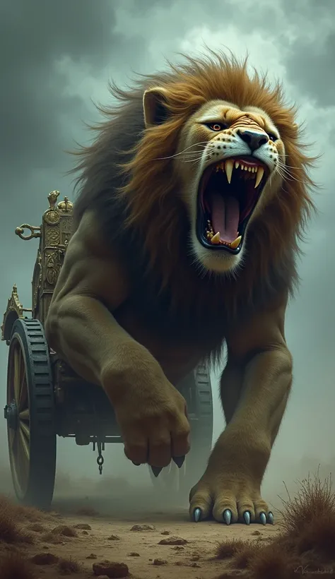 Humanoid monstrous hybrid of a lion roaring with a chariot