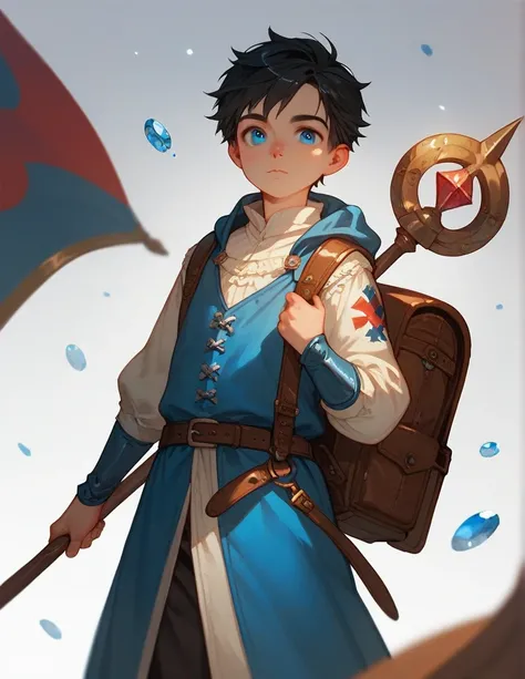 1boy, Solo, s, young boy, blue eyes, black hair, standing, Looking at viewer, medieval fantasy merchant, bring very large backpack, bring wooden staff with one crystals on top, fullbody, simple white background, eye level view angle, front view