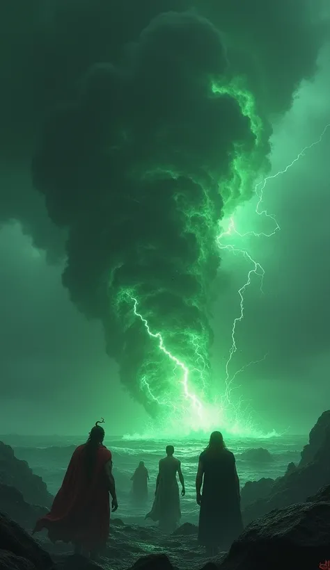 Scene 2: Emergence of Halahala Poison
A dark, menacing cloud of poison (Halahala) rises from the ocean. The atmosphere is ominous, with crackling energy and glowing green fumes spreading dread. The gods and demons step back in fear, shielding themselves fr...