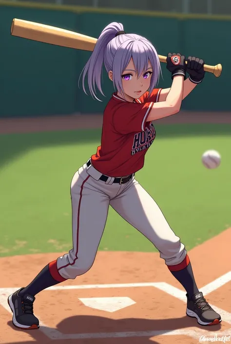 Gray Hair、 purple eyes、 short ponytail、 girl、 College Student 、Baseball player、、bat strike 