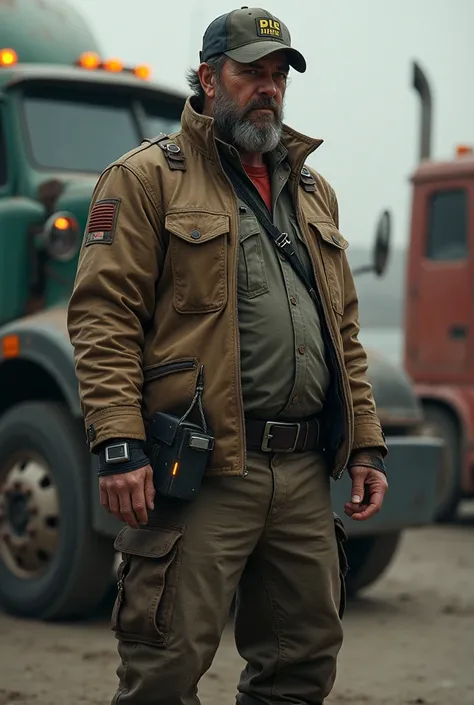 (photorealism:1.2), (sci fi), A rugged truck driver in 2040, about 30-35 years old, with a solid, plumper build that suggests strength without excess. He has a weathered face hinting at long hours on the road, short, slightly messy hair, and a bit of stubb...