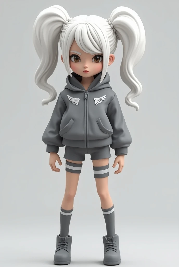 A Roblox girl with two tails in her hair, white hair, gray jacket with a pattern of wings, gray shorts and gray stockings and two stripes on the sides and a serious face. 