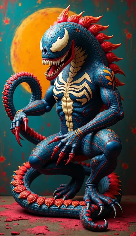 Venom Mexicano 
**Description**: Venom Mexicano  é uma criatura vibrante que reflete a cultura rica e diversificada do México.  Your body is adorned with bright colors and traditional art patterns ,  like the shredded paper .  It has a stylized skull ,  re...