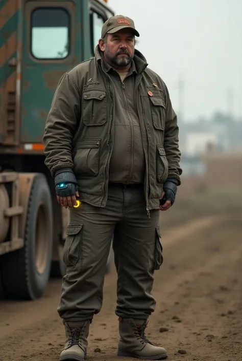 (photorealism:1.2), (sci fi), A rugged truck driver in 2040, about 30-35 years old, with a solid, plumper build that suggests strength without excess. He has a weathered face hinting at long hours on the road, short, slightly messy hair, and a bit of stubb...