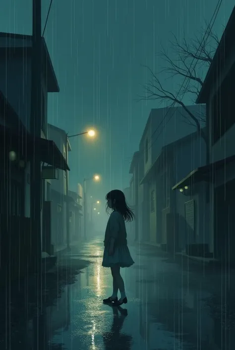 Girl alone at the end of the street getting wet in the rain at night a little sad
