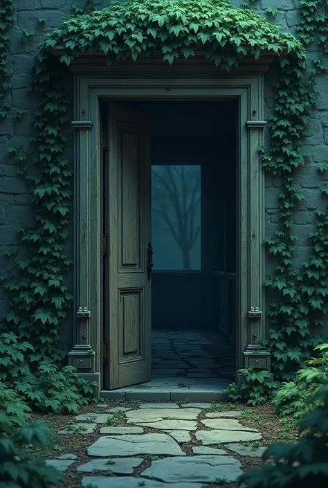 Generate an cinematic 3D cartoon style: An eerie mansion entrance, with broken wooden doors and overgrown vines creeping over the walls