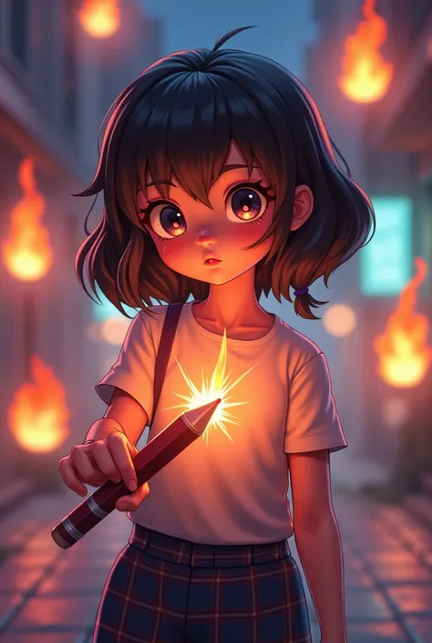 can you generate a student girl called kai holding a glowing pencil with a " ready to fight" expression to fight with the monters that are made by papers of homewors? for a comic. make it look like its a 2d or 3d comic