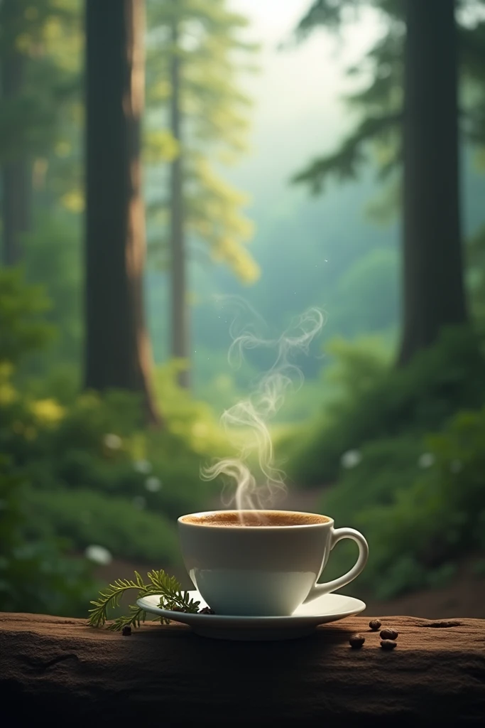 Cup of coffee smoking with a forest in the background vertical image 