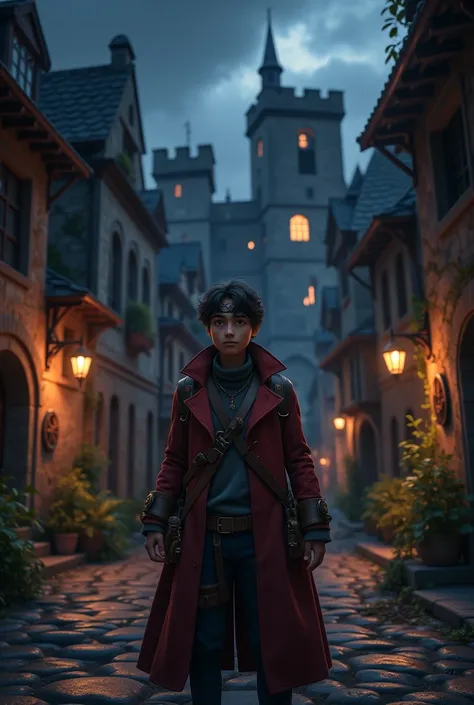  dungeons and dragons,  Young male , in a steampunk coat,  against the background of an abandoned medieval town, Night