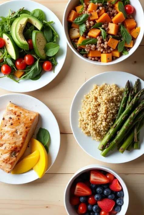 A light wood table is covered with a variety of healthy food items. The menu includes a vibrant salad with greens, cherry tomatoes, avocado slices and grains; a quinoa bowl with grilled vegetables and chicken pieces; a plate of grilled salmon with asparagu...