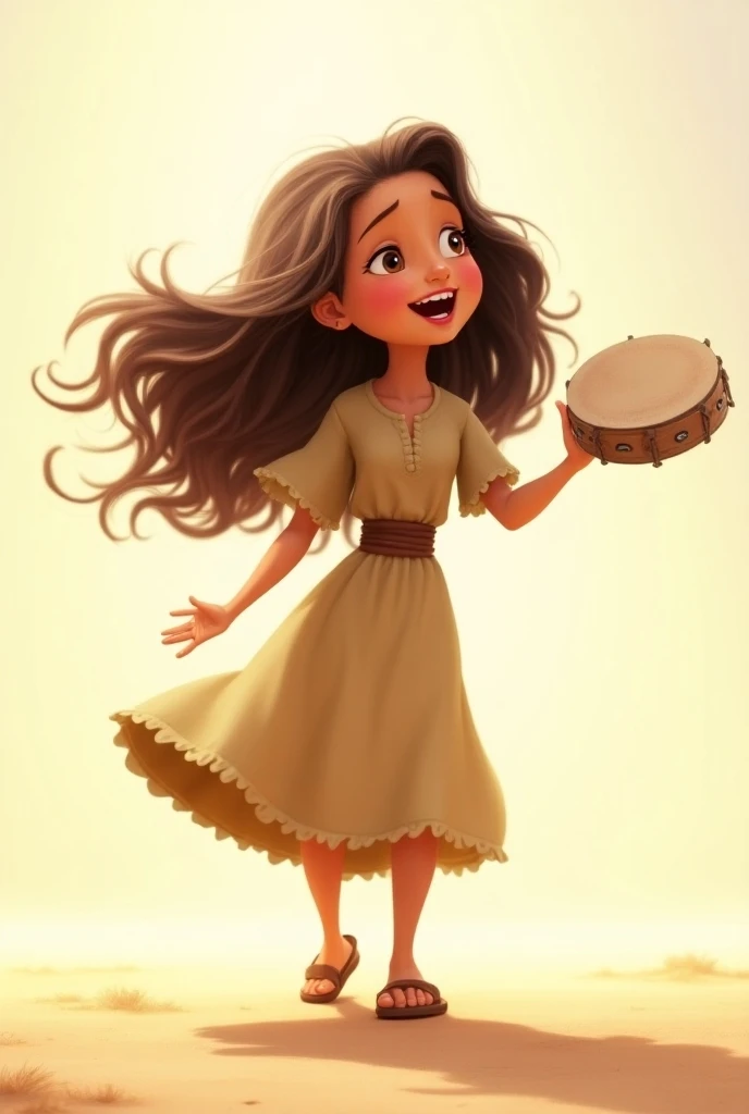 Pixar-style illustration of a Christian girl with long wavy brown hair dancing for God with a tambourine in her hand and a modest colored outfit with leather sandals set in ancient times on a light background