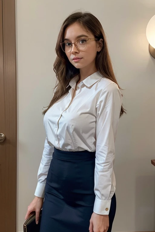 Female assistant to CEO, standing at 5’3” with a petite frame dressed in conservative cloths. Her svelte body is complemented by a small perky bubble butt, oversized huge heavy torpedo breasts, concealed beneath her blouse. Has large, round glasses that ma...