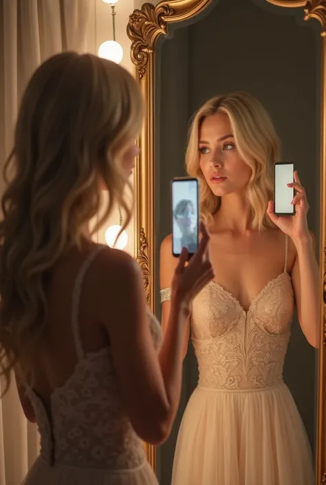 Belle fille blonde cheveux ondulée , tenant un téléphone devant son miroir avec une belle robe de soirée