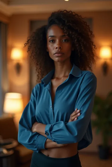 photograph,  location of the image reception of a hotel , Lighting of lamps,  object of the image an Afro-Brazilian woman 150 tall, wavy hair, seria,  Small breasts,  thin waist , Hips 160cm ,  dressed in Canadian blue blouse and mini leggings, Background ...