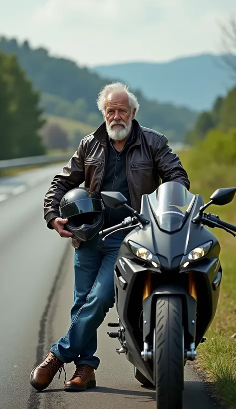 create a photo,  High resolution, of an elderly rider with short hair and gray beard , short, well-trimmed beard,  holding a helmet on the side of the highway leaning on a super sports bike, background uma rodovia.