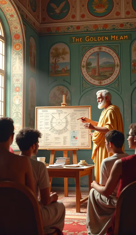 "A lively classroom where Aristotle is shown teaching diverse students, pointing to a chart of logic and ethics. The backdrop features detailed frescoes illustrating The Golden Mean and natural sciences."