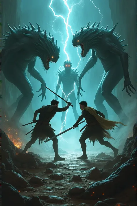 **The Battle with the Creatures:**
   - A chaotic scene as grotesque creatures with elongated limbs and gleaming eyes emerge from the shadows. Nathaniel, wielding a dagger, fights alongside Tobias. The air crackles with energy as the creatures screech and ...