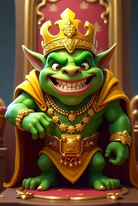 A green, short, very rich clash royale goblin with lots of gold accessories smiling with gold teeth wearing clothes