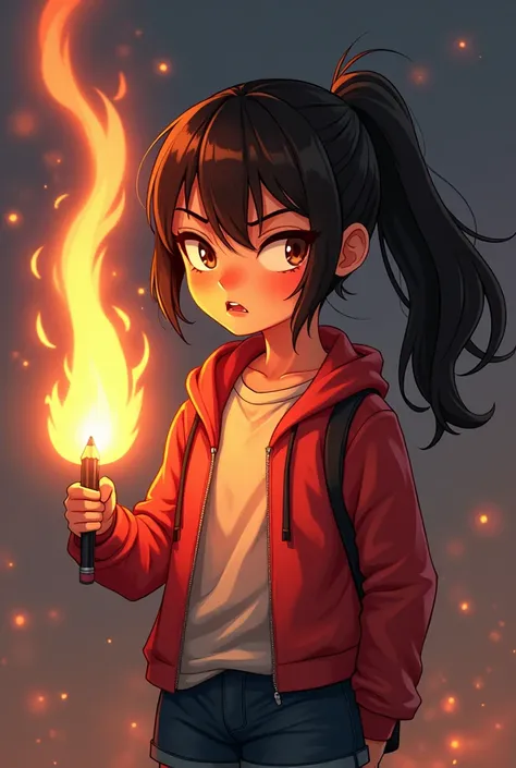 can you generate a student girl called kai holding a glowing pencil with a " angry or determined to fight" expression to fight with the monters that are made by papers of homewors? for a comic. make it look like its a 2d or 3d comic