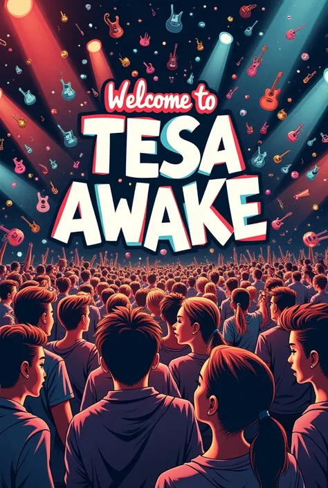 An image that says WELCOME TO TESA AWAKE , with musical instruments and
 young people gathered as a background that shocks them and is striking