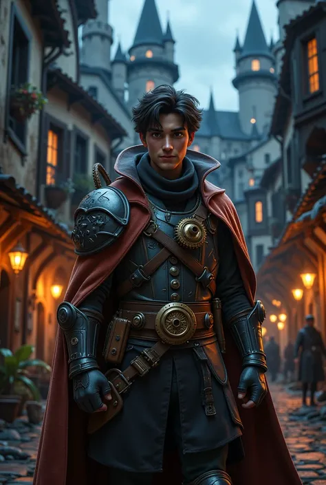  dungeons and dragons,  young man over 20 years old, in a steampunk coat, under the cloak, armor ,  against the background of an abandoned medieval town, Night