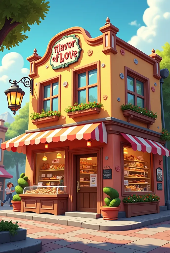 A bakery called “Flavor of Love” in a more realistic cartoon format with no person in the image 