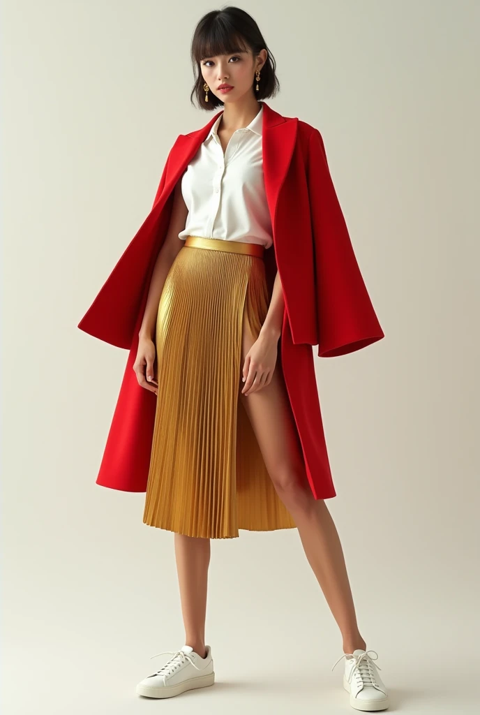 Lady wearing white polo shirt with short red cape with pleated gold skirt and white sneakers 