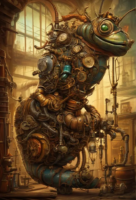  Steampunk ,  high quality , highest detail, A huge ((caterpillar))  stands on its back leg, He wears a belt  ,  hes a surgeon , In it ((laboratory.))