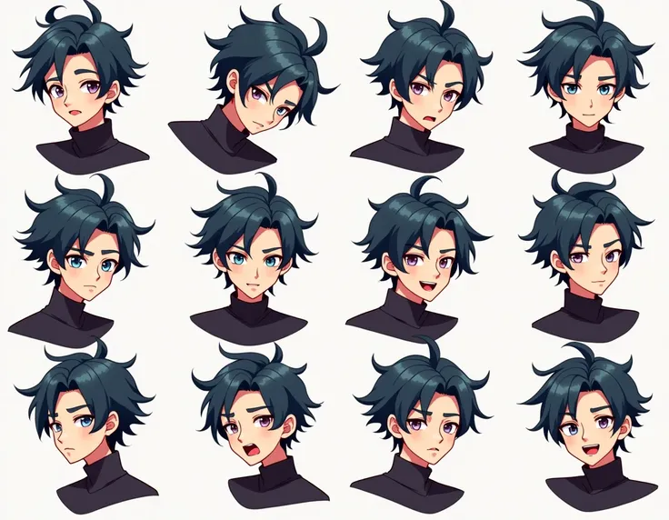 Create a male anime-type OC character with different emotions, quite a few emotions in a Sprites grid.
