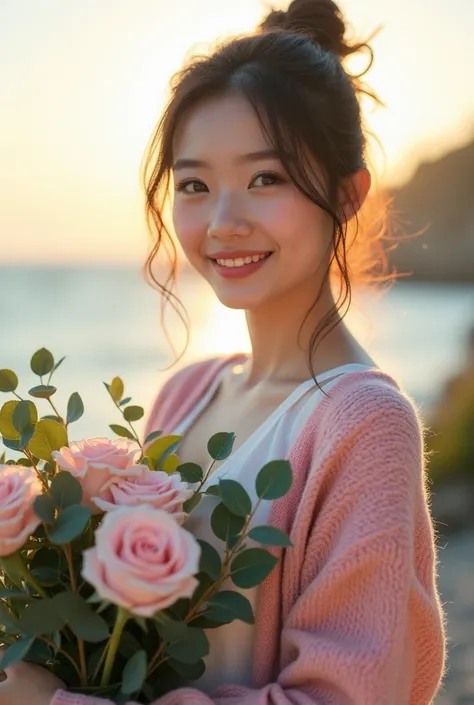 The image portrays a young beautiful Japanese idol, woman 24-28 years old, radiating happiness and warmth, captured in an outdoor setting during what appears to be the golden hour. Her cheerful smile and glowing complexion are accentuated by the soft sunli...