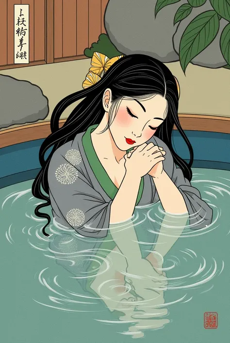 Woman lying face down to wash her hair in Ukiyo-e style