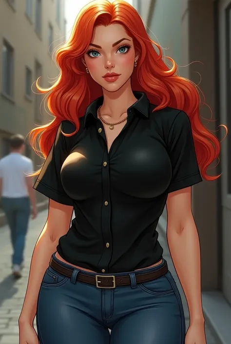 Make a Pixia-style princess woman in a black polo blouse written to manage a very fat pussy red hair and jeans 