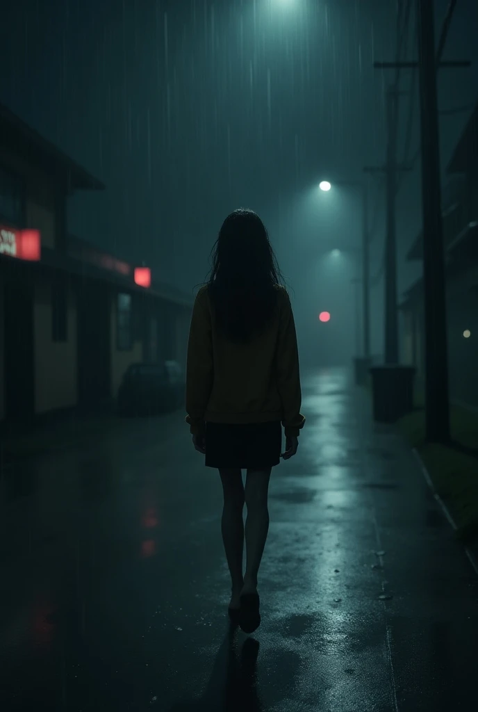 Teenage girl alone getting wet in the rain at night a little sad and walking to the farthest end of the street 

