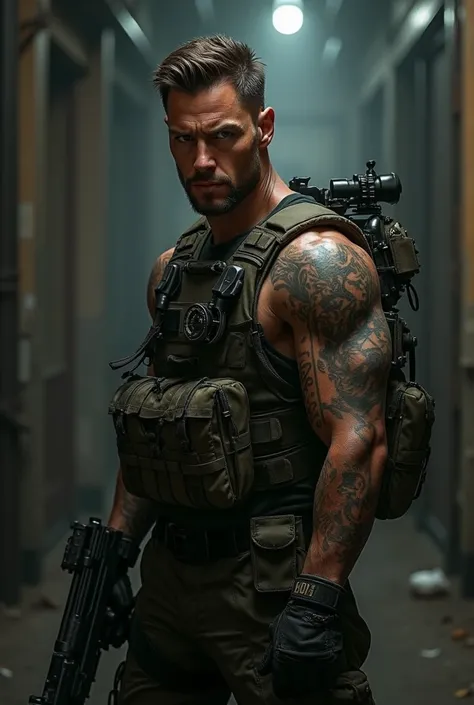 Sexy soldier man on mission, 27 years old, brown haired, hazel eyes, 6’5, muscular body, has tattoos on right arm, has a tired expression on his face 