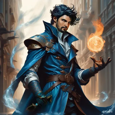 . A close-up of a person looking forward with a fireball in one hand and a sword in the other,  Caladin Storm Placid ,  A picture of a magician ,  is an evil magician , A male creator ,  Stanley Arthurgem ,  The investigator of steel from Mistbourne ,  A c...