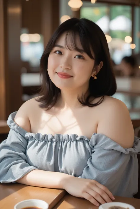  A beautiful Asian woman around the age of 35 is sitting in a restaurant。 The overall picture is a laid-back lifestyle ，She is plump，Concave and convex， Realistic facial skin ，No filters ， Wearing a stylish off-the-shoulder top ， looks elegant and comforta...