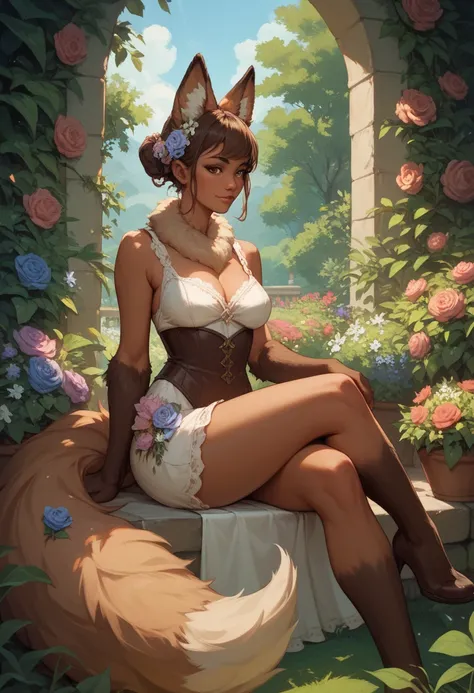 fox, (monster girl), long brown ears with darker brown inside, brown fur, tan neck fluff, brown fluffy tail with a tan tip, large brown eyes, wearing modest clothing, red thongs, sitting in a flower garden, masterpiece, best quality