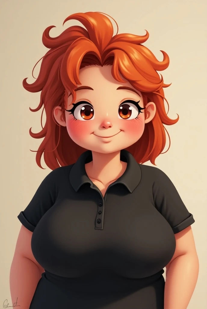 Make a chubby woman Pixia in a black polo shirt written to manage her very fat cheeks red hair round face