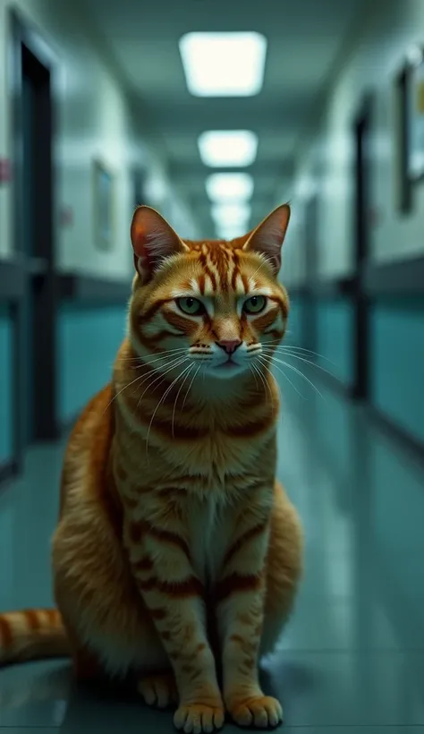 
Description for AI:
" A sturdy orange cat in a hospital corridor , with an expression of deep sadness.  The animal has tears streaming down its cheeks ,  in an environment illuminated by cold fluorescent lights . In the background,  the corridor has doors...