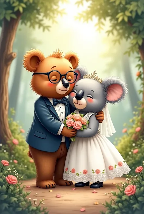  Draw a cute illustration of a bear and a koalas wedding.  Draw a bear with glasses as a man and a koala as a woman in watercolor. Watercolor feeling on drawing paper 