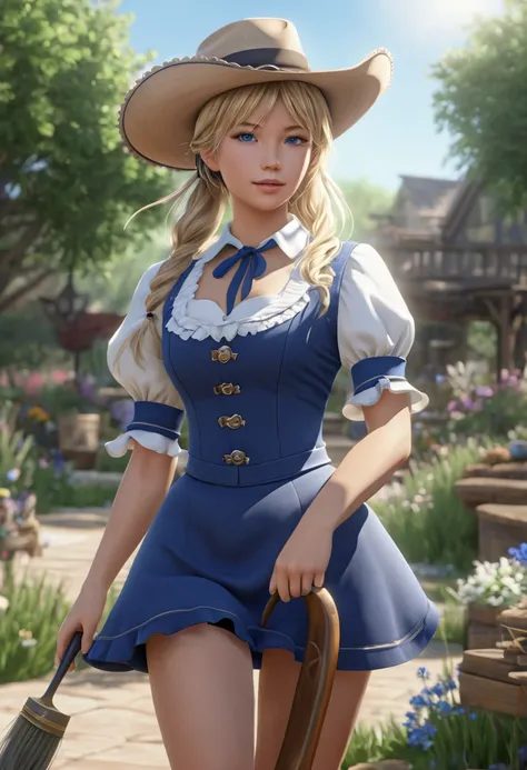 ((masterpiece)), ((best quality)), ((highres)), ((detailed background)), ((extremely detailed CG unity 8k wallpaper)), solo, shiona, blonde hair, long hair, blue eyes, hair tuft, cowboy shot, outdoors, ((maid outfit))