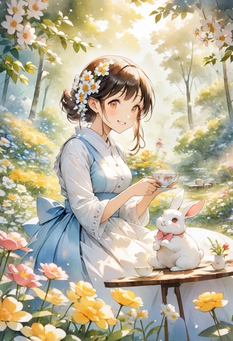 A smiling woman with a rabbit is enjoying tea time、 in a forest where flowers are blooming、 watercolor style 