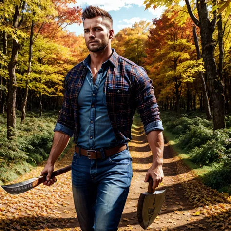 ultrarealistic , very handsome woodcutter male in plaid shirt , unbuttoned , blue jeans , belt , brown side hair ,side shaved, stubble, muscled , with an axe , walking in a autumn forest , leaves falling ,field of leaves , 3D leaves , 