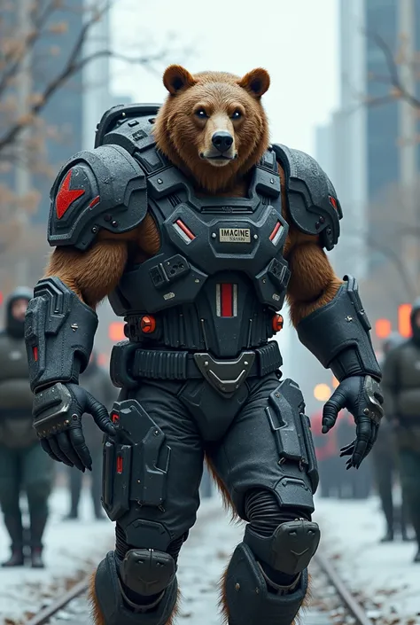 Imagine Canada as a fierce, half-human, half-grizzly bear figure with a muscular, rugged build and the head of a powerful grizzly, eyes gleaming with intensity. Wearing dark, tactical armor with subtle red and white accents, the figure has a look of both s...