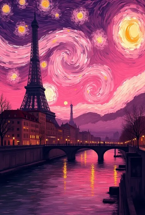 I would like you to create a reinterpretation of Van Goghs play Starry Night in Paris with everything in a pink tone and make the sky more realistic with a sea and the Eiffel Tower very evident 
 