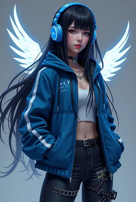 A gamer girl with blue headphones, blue jacket with white wings, long black hair, pants with lots of accessories and a cold face. 