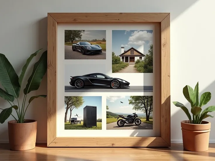 A realistic image of a frame with photos of goals such as: car, house, motorcycle, computer