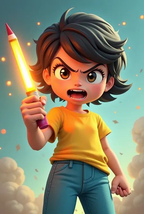 can you generate a short haired student girl wearing yellow t-shirt, blue pants, called kai holding a glowing pencil with a " angry or determined to fight" expression to fight with the monters that are made by papers of homeworks and body figure of fightin...